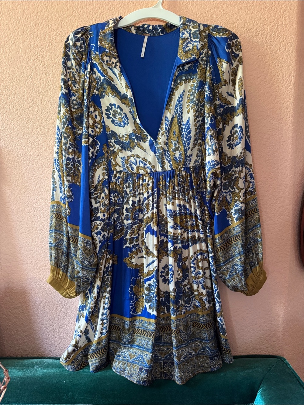 Free People Royal Blue & Mustard Paisley Long Sleeve Dress